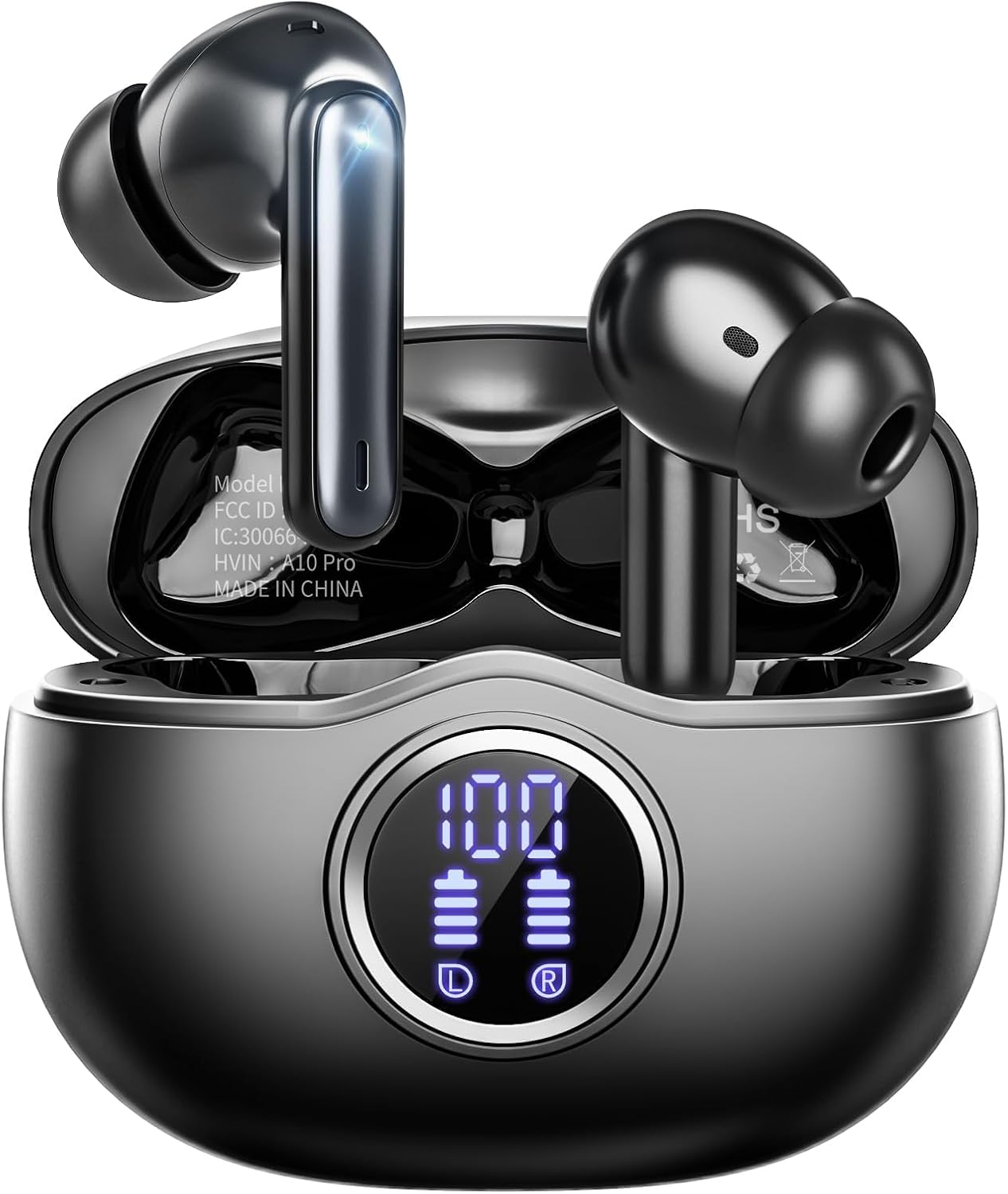 Wireless Earbuds, Bluetooth 5.3 Headphones HiFi Stereo 50H Playback LED Digital Display Ear Buds with ENC Noise Canceling Headset, IPX7 Waterproof Earphones for Gym/Running/Work (Black)